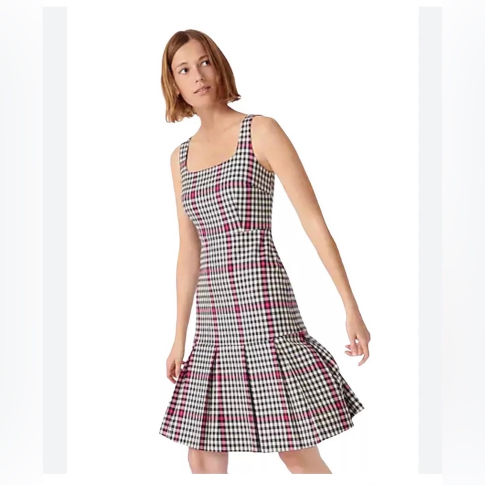 J.Crew Scoop neck Fit Flare Dress 8 Herringbone Twill Tall Lined Navy Pleated